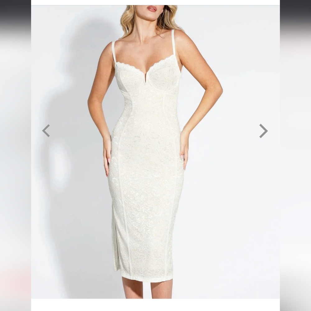 Ivory Lace Midi Dress with Spaghetti Straps